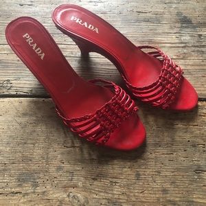 PRADA mules. Patent Red holiday slippers.